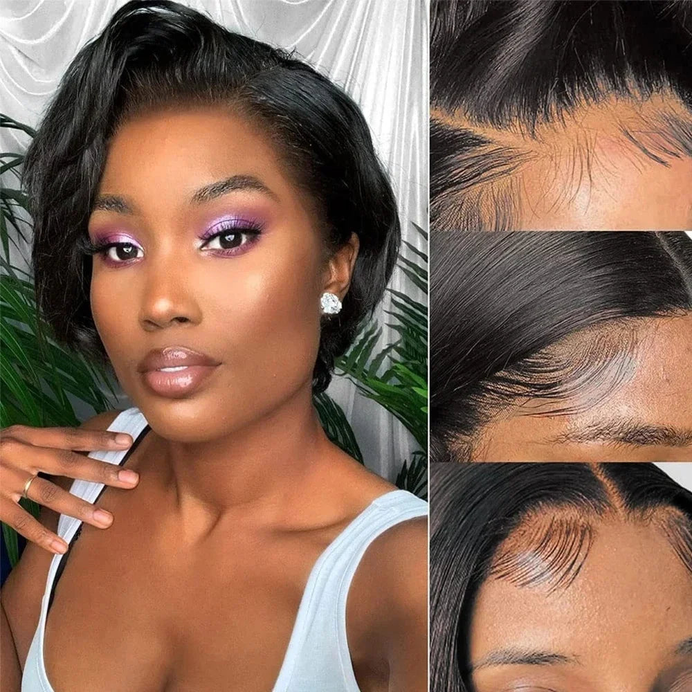 Malaysian 13x4 Lace Wig Side Part Pixie Cut Wigs 100% Human Hair Side Part Straight Bob Wig Transparent Lace For Black Women