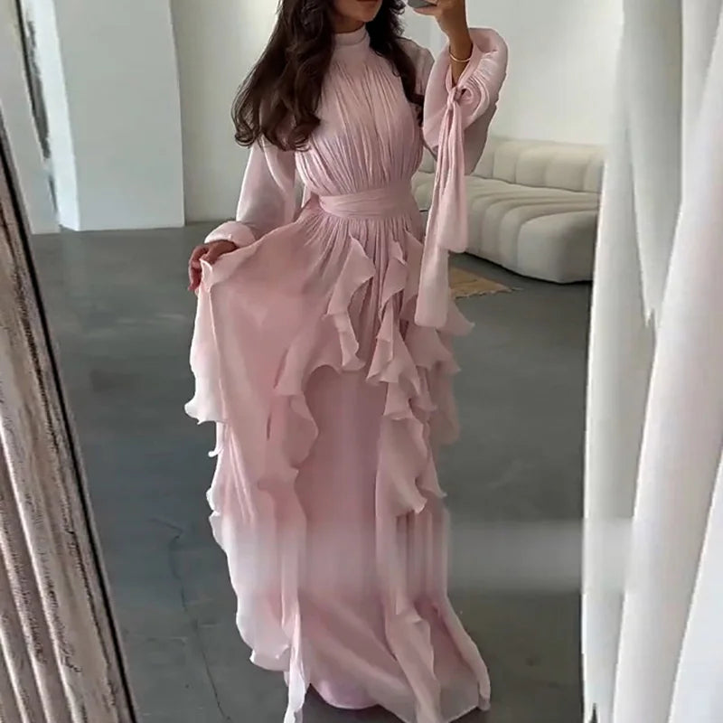 Fashion High Waist Pleat Party Dress Lady Casual High Collar Layered Banquet Dress Elegant Long Sleeve Solid Color Evening Dress