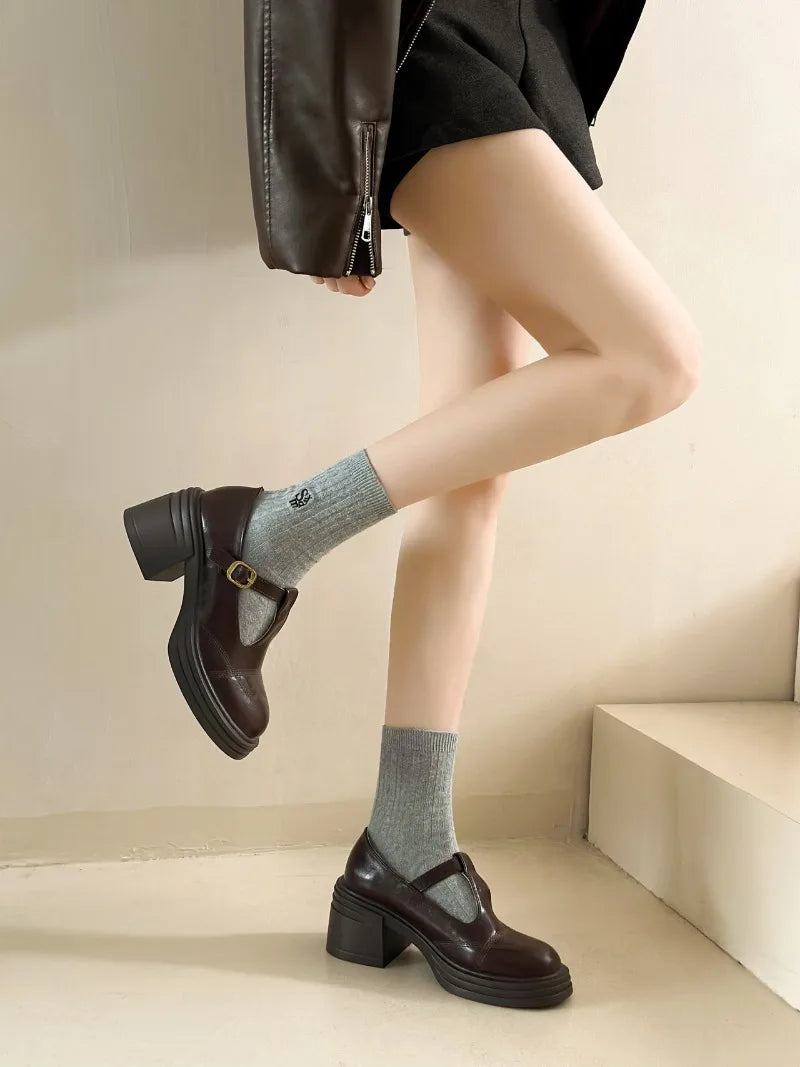 High-heeled Shoes Women Pumps Buckle Thick Heels with T-strap Ladies Chunky Heels Platform Mary Janes Woman Footwear Sandals