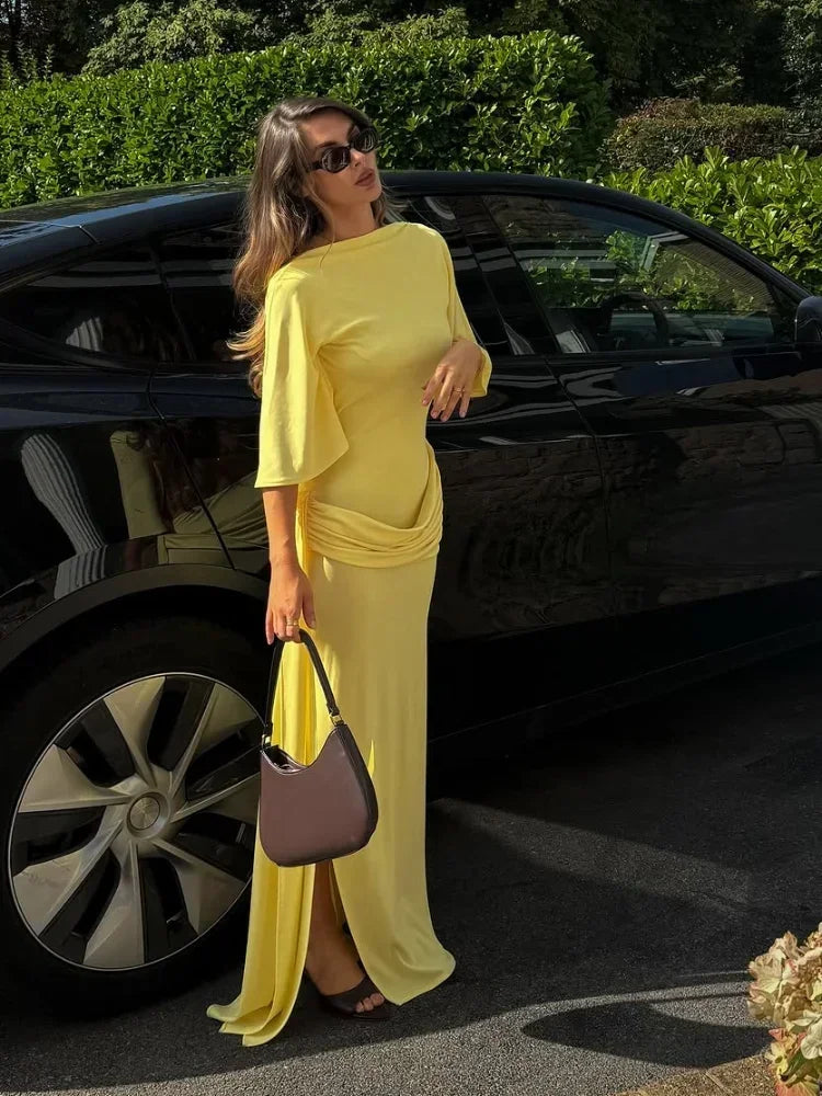 Irregular Yellow Backless Maxi Dress Women's Elegant Half Sleeve Split Slim Fit Pleated Robes 2025 Lady Evening Party Gowns New