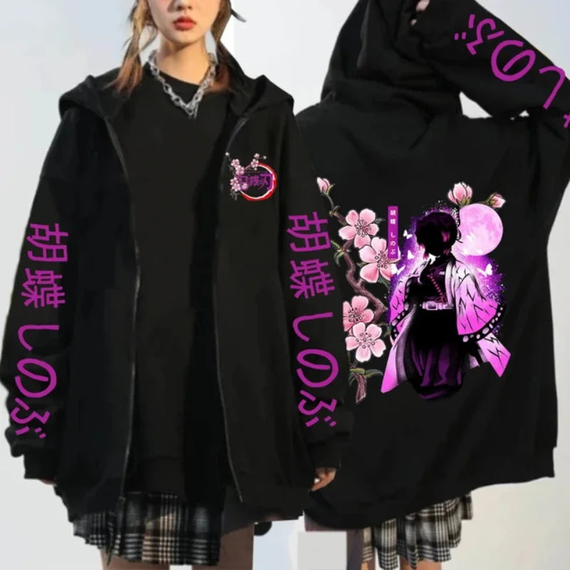 Women's Fashion Zipper Sweater Japanese Anime Hoodie Demon Slayer Pattern Printed Sweatshirt Autumn/Winter Warm Long Sleeve Coat