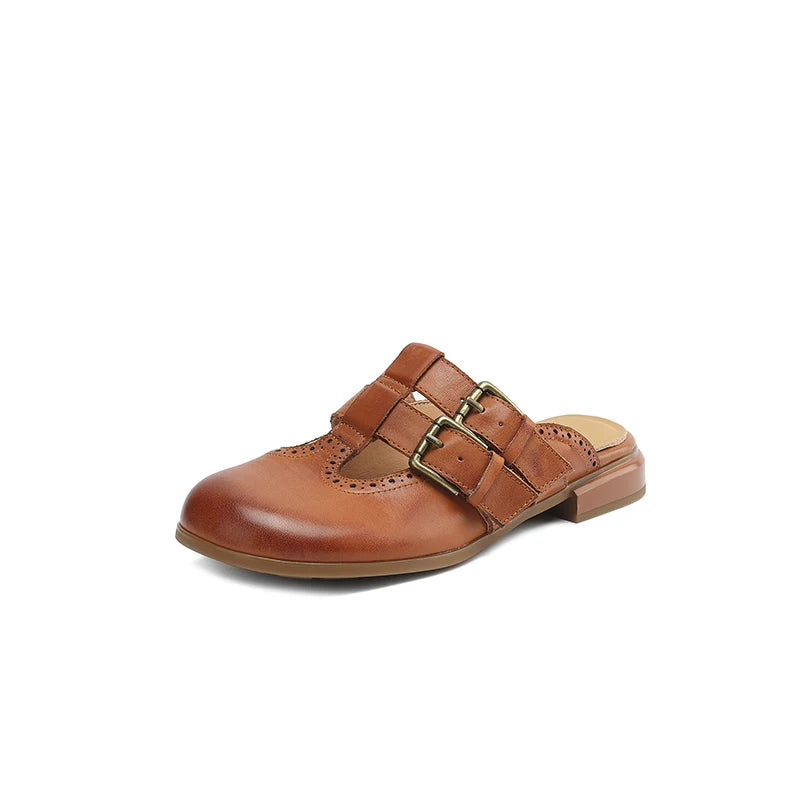 New Fashion Sandal Women Pumps Shoes Sexy Slingback Heels Retro Leather Party Casual Summer Round Toe Shoes Mueller Slippers