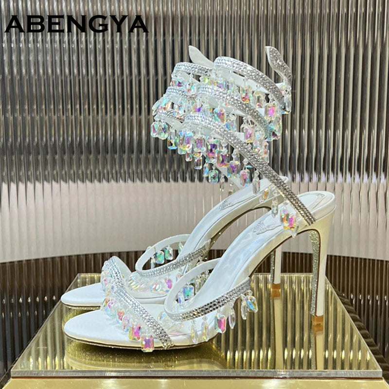 Luxury High Heels Sandals Women Crystal String Bead Snake Twine Around Ankle Strap Wedding Shoes Summer Gladiator Sandals Woman