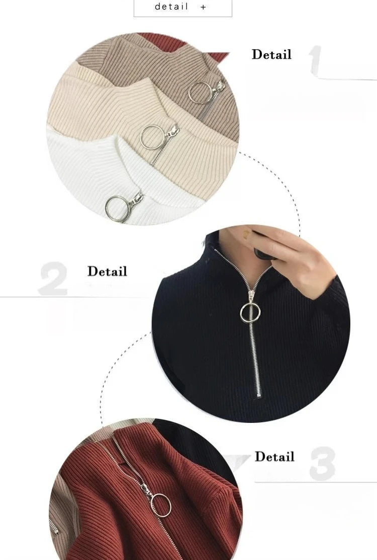 Autumn Winter Turtleneck Women Sweater Long Sleeve Zipper Neckline Knitted Pullover Female Sweater Slim Basic Knitted Jumpers