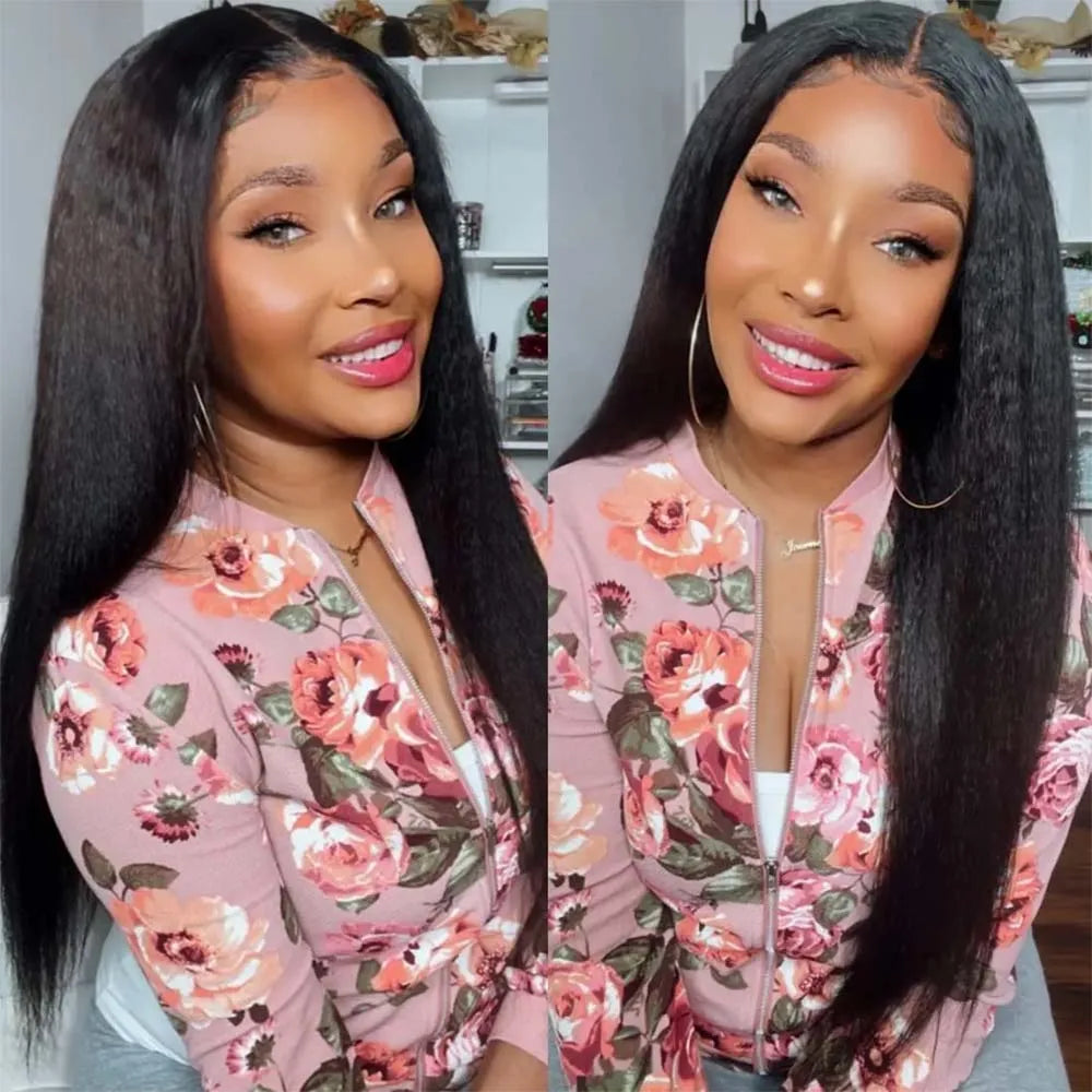 100% Human Hair Kinky Straight 13x6 HD Lace Frontal Human Hair Wig Indian Transparent Lace Front Wig For Women PrePlucked 200%