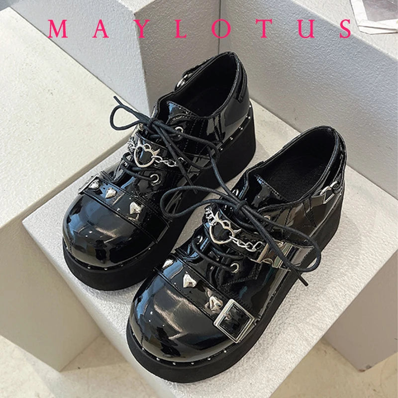 Punk Style Shoes Woman Platform Heel Metal Rivet Dark Bat Fashion Trendy Women Wedge Bottom Burgundy School Student Shoes