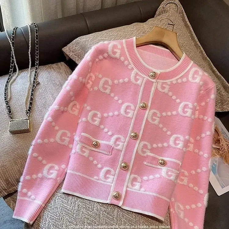 O-neck Sweater Femme Fashion Letter Patchwork Knitting Cardigan Fashionable Coat Top Tee Women's Autumn Winter Sweet Buttons