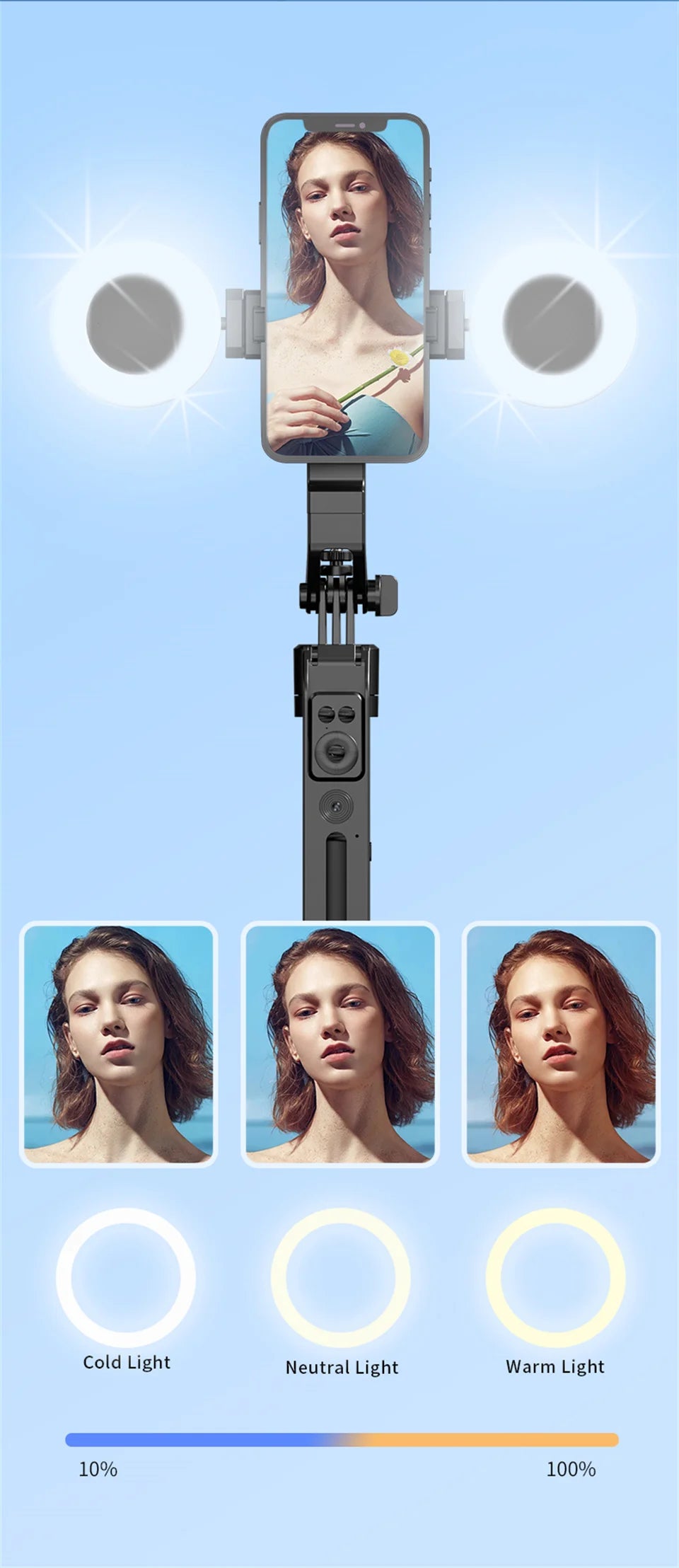 COOL DIER 2025 NEW Gimbal Stabilizer Wireless Selfie Stick Foldable Tripod Holder With Bluetooth Shutter Monopod For IOS Android
