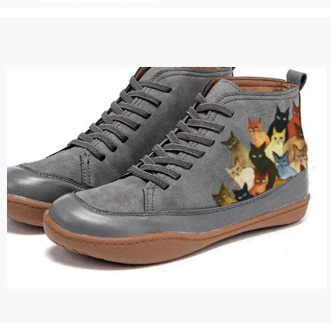 2025 European and American fashion women's mid-high boots comfortable big round toe short boots cat pattern print2025