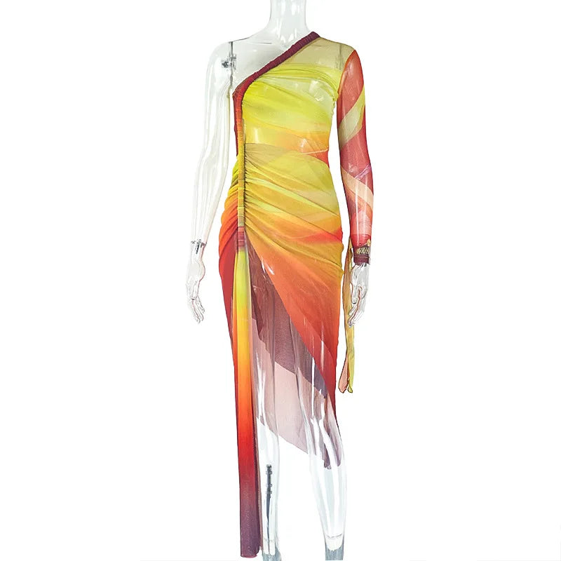 CM.YAYA Summer Women One Full Sleeve Tie Dye Print Midi Dress High Side Split High Waist Night Club Party Dresses Vestidos