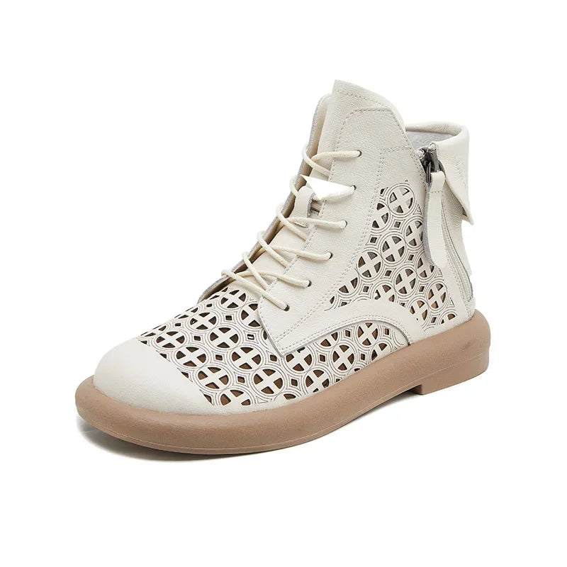 Leather Boots Woman 2025 Retro Leather Hollow Boots for Women Platform-soled Double-side Zipper Casual Short Boots Women's Shoes