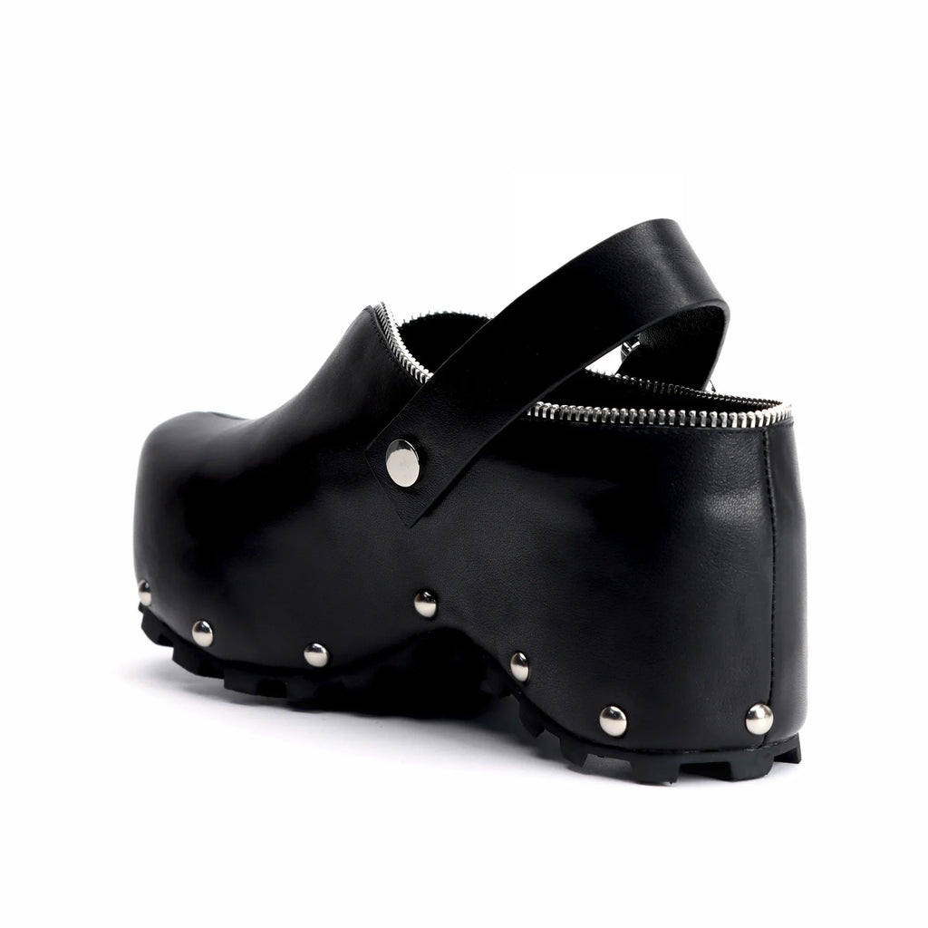 Black Leather Slip-On Vintage Shoes Handmade Women's Leather Platform Clogs with Arch Support, Zipper Detail, Studded Mules
