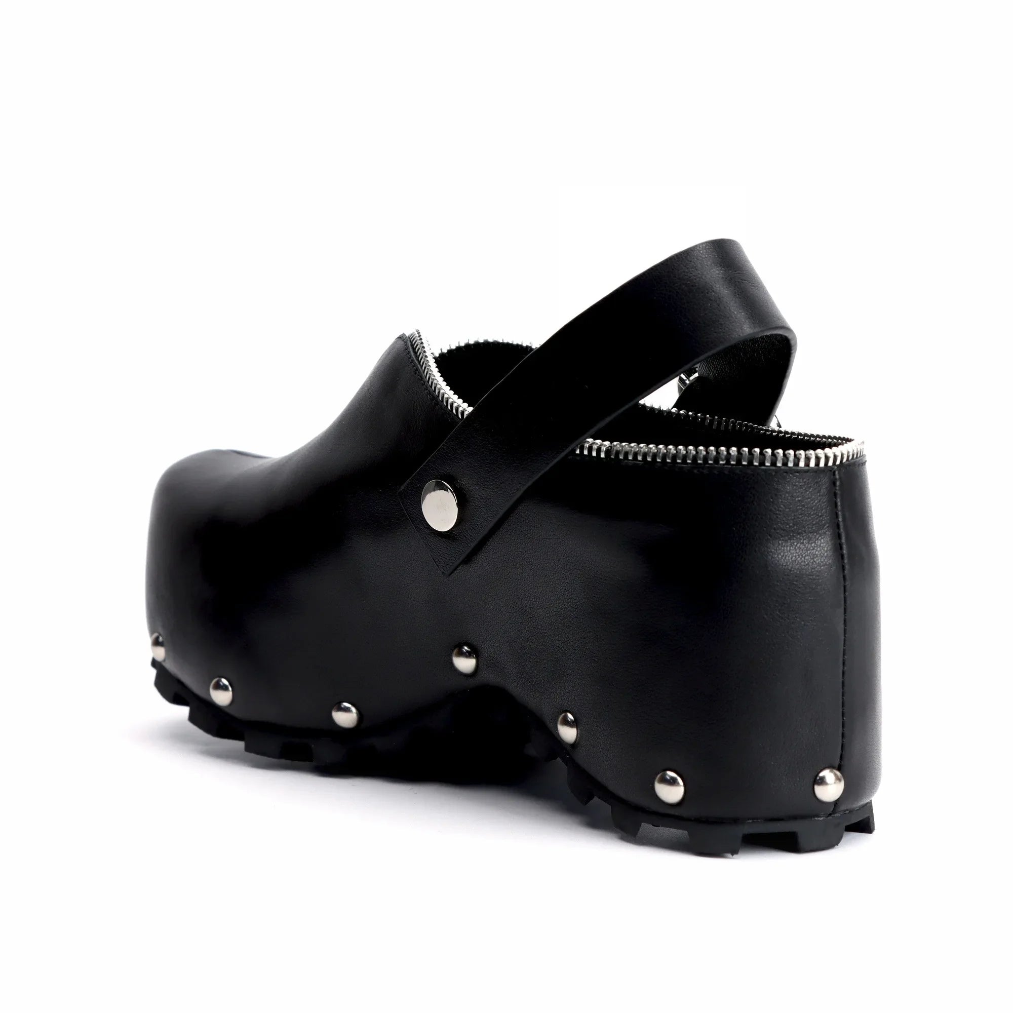 Black Leather Slip-On Vintage Shoes Handmade Women's Leather Platform Clogs with Arch Support, Zipper Detail, Studded Mules