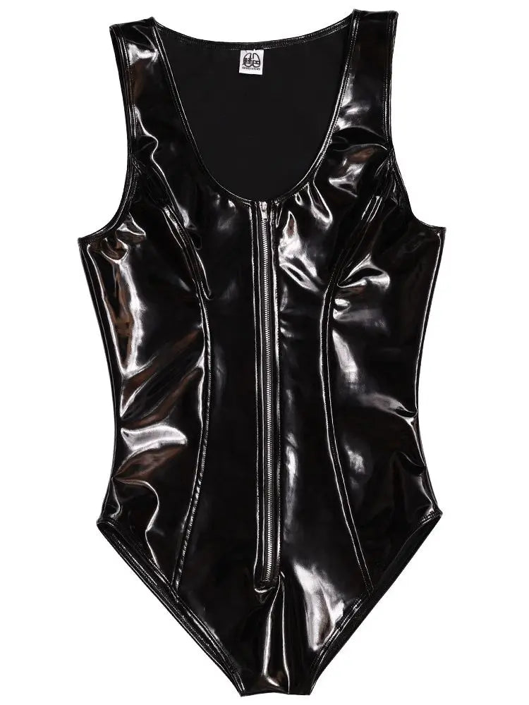 Sleeveless Wet Look PVC Catsuit Shiny PU Leather High Cut Vest Bodysuit Tights Sexy Cosplay Sukumizu Body Tops Clubwear Leotard