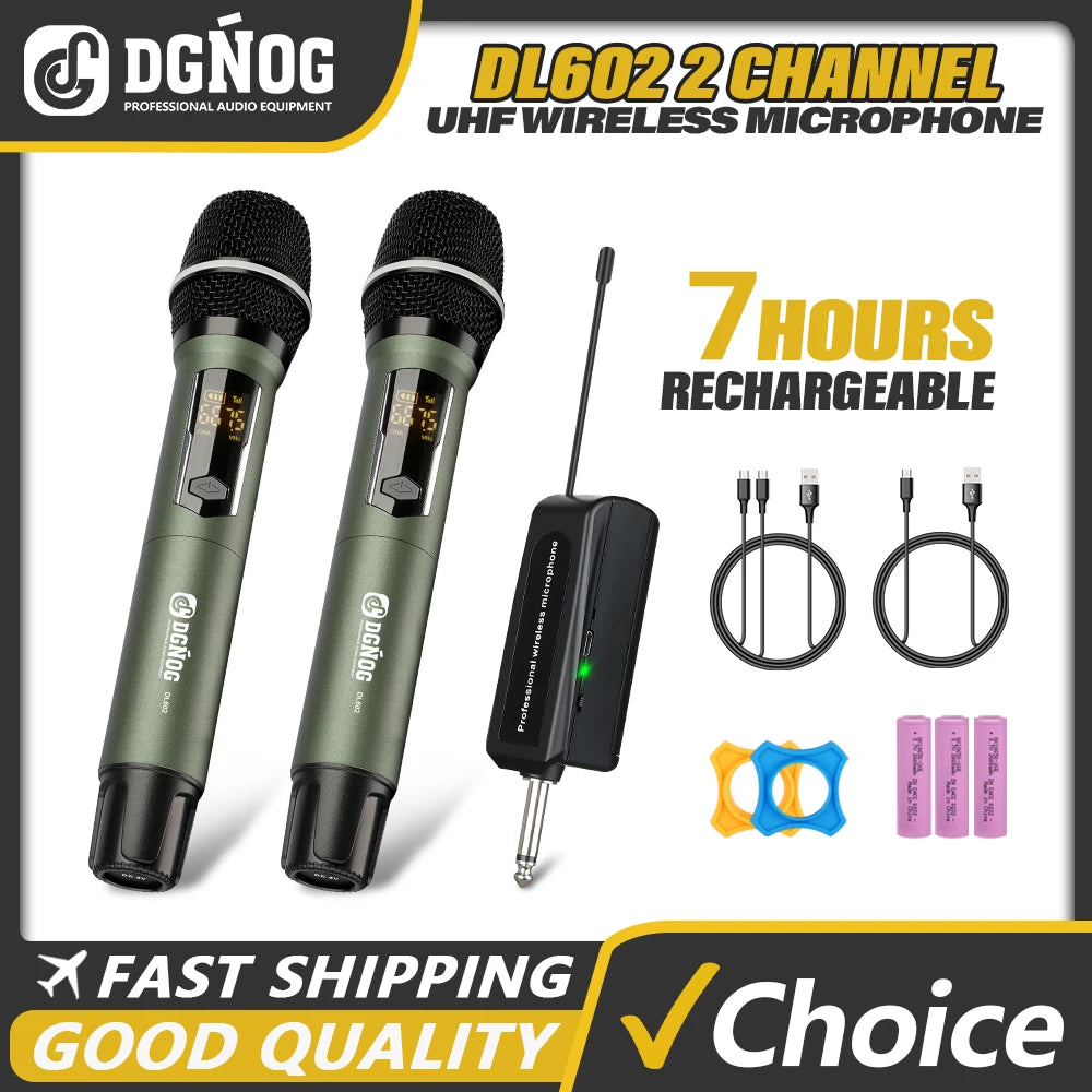 Rechargeable Battery Microphone 2 Channel UHF Wireless Microphone Dual Handheld Dynamic Adjust Frequency For Stage 200ft DL602