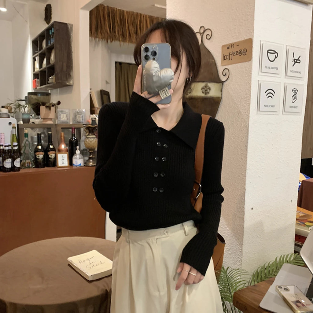 Turn-Down Collar Ribbed Pullover Sweater Women Autumn Winter Slim Long Sleeve Soft Warm Sweaters Ladies Knitted Tops