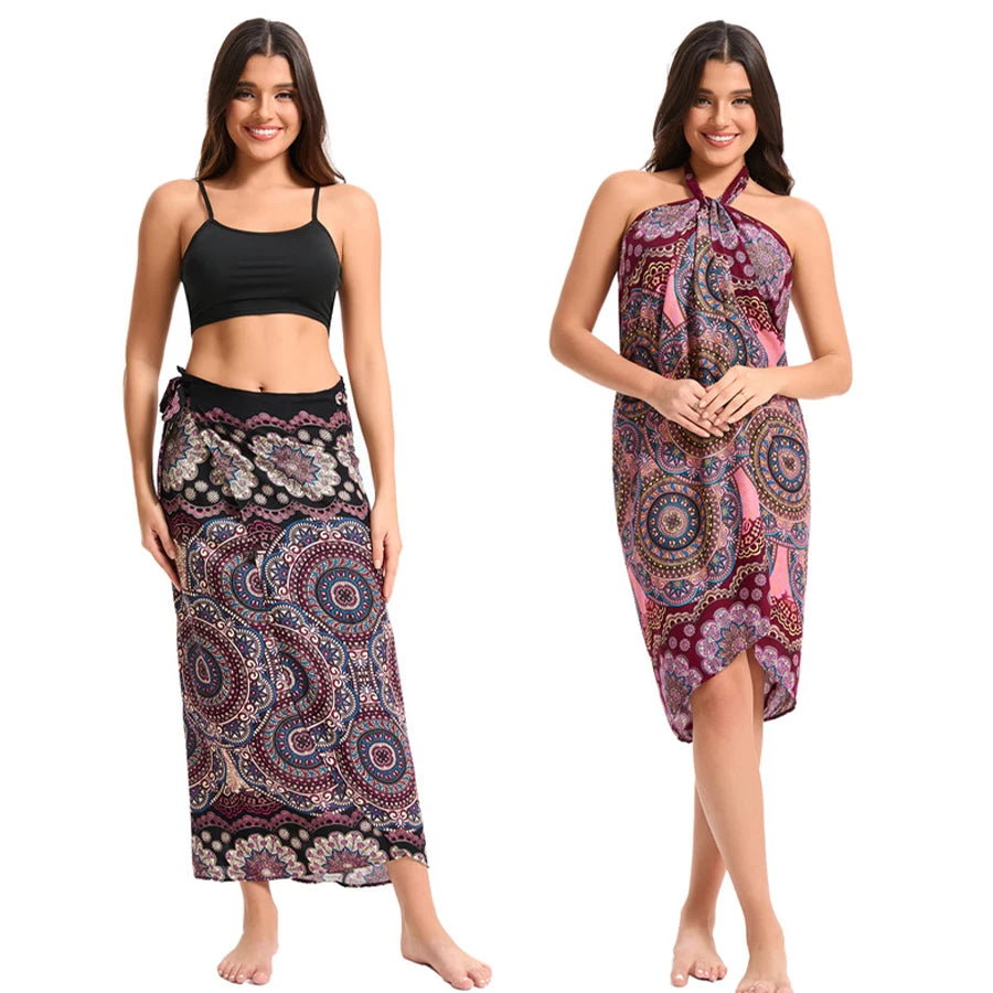 Women’s Boho Maxi Wrap Long Skirt Tie Up Beach Cover Up Dress Vintage Bohemian Adjustable High Waisted Holiday Rayon Dress