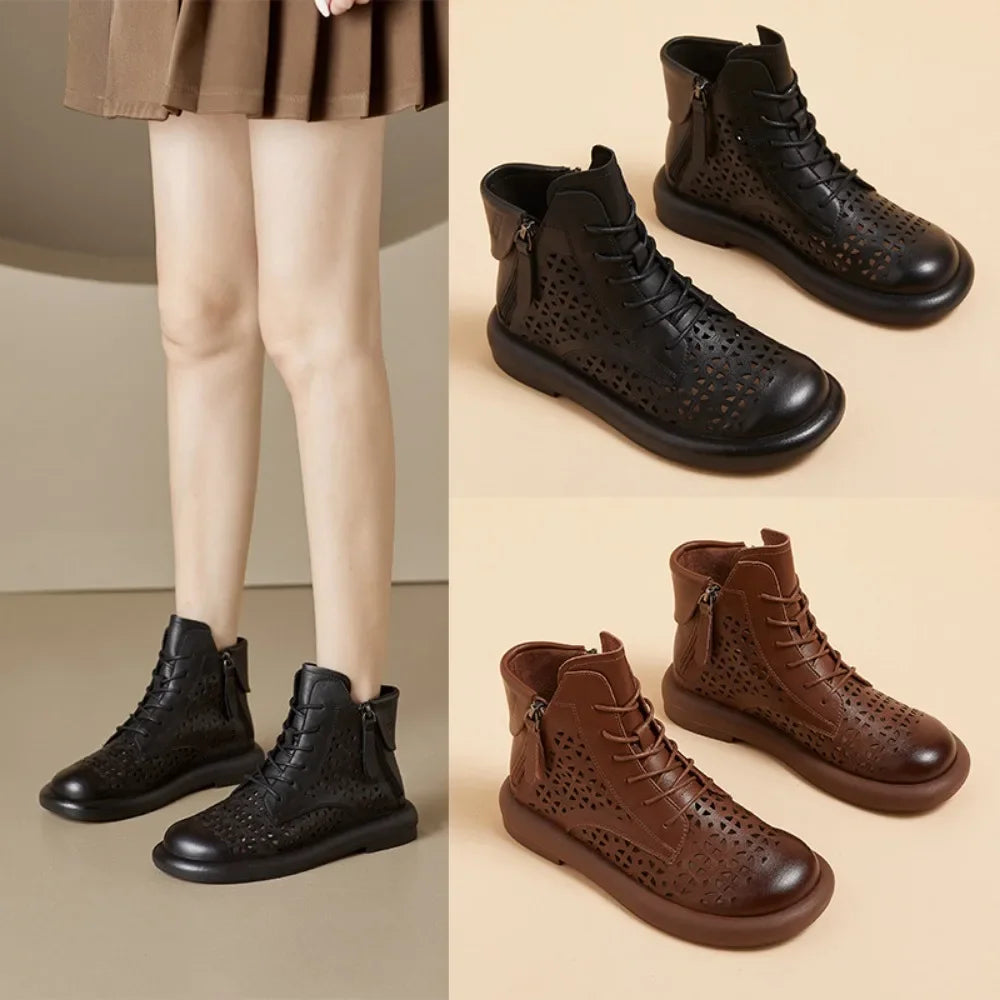 Leather Boots Woman 2025 Retro Leather Hollow Boots for Women Platform-soled Double-side Zipper Casual Short Boots Women's Shoes