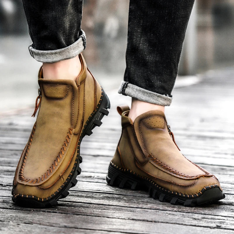 Men Boots Autumn Winter New Handmade High-top Casual Shoes Outdoor Non-slip Hiking Men Shoes Zipper Ankle Boots Plus Size 38-48