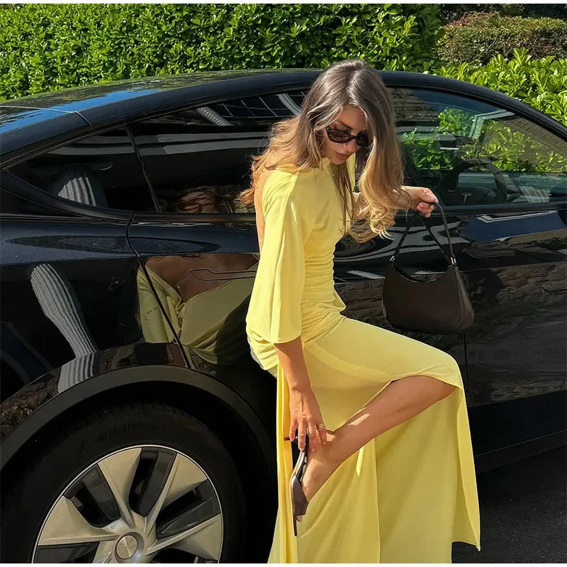 Irregular Yellow Backless Maxi Dress Women's Elegant Half Sleeve Split Slim Fit Pleated Robes 2025 Lady Evening Party Gowns New