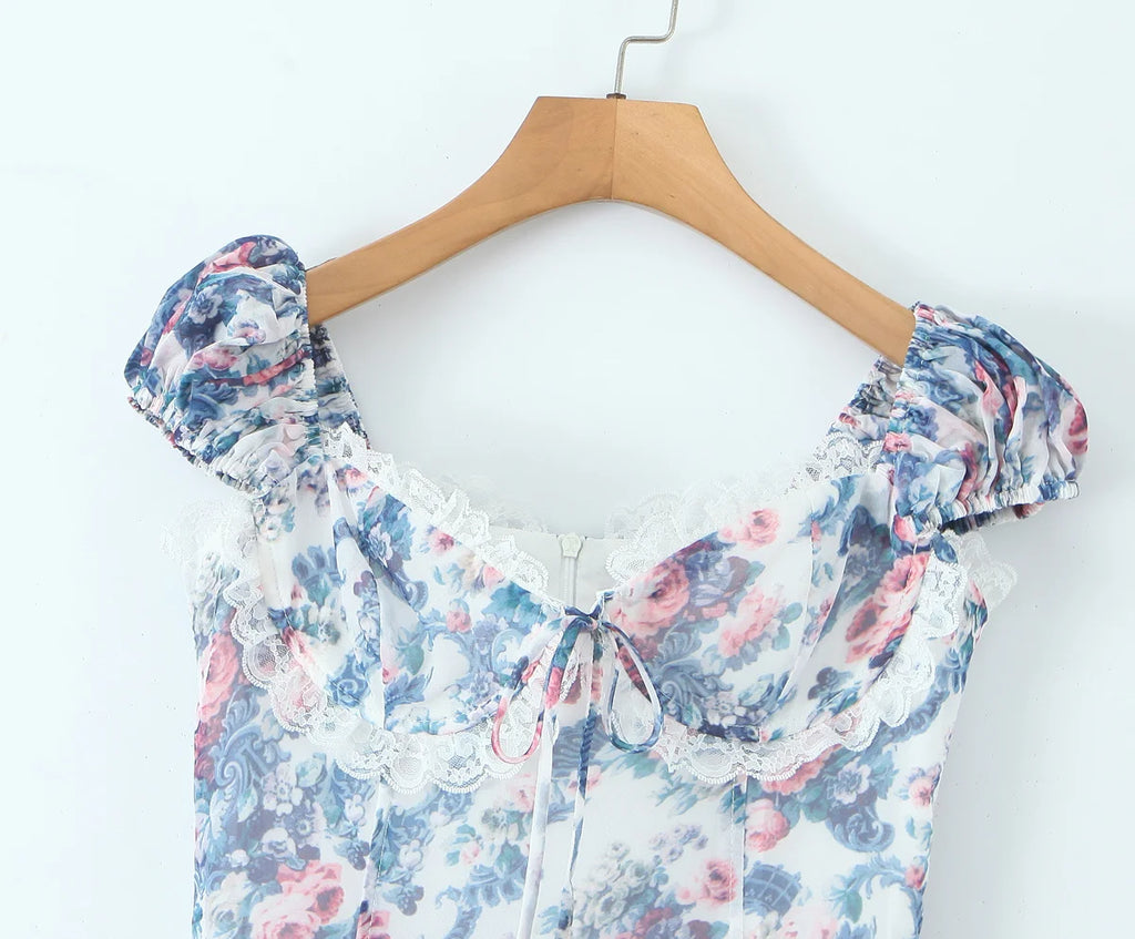 YENKYE Boho Blue Floral Print Mini Dress Women Puff Sleeve Lace Spliced A-line Beach Holiday Summer Dresses 2025 Short Robe