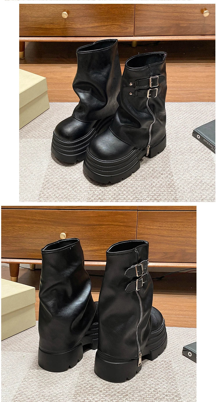 10CM Winter Warm Chunky Short Boots Women High Heels New Mid Calf Leather Sneakers Trend Buckle Motorcycle Boots Fur Snow Shoes