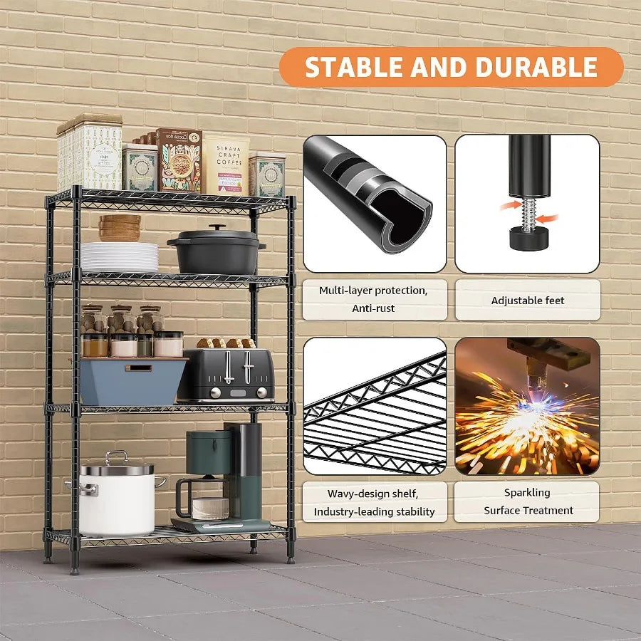 1400 lbs 4 Tier Storage Rack Metal Wire Shelving Unit Storage Standing Household Shelf Organizer for Kitchen Pantry Closet Gara