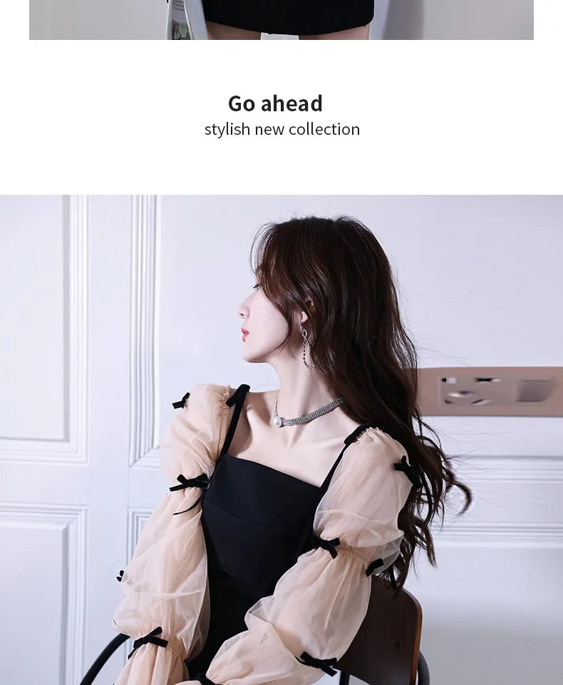 Flare Sleeve Evening Dress for Women Black Elegant Bow Mesh Patchwork Luxury Temperament Famous Lady Aesthetic Платье Женское