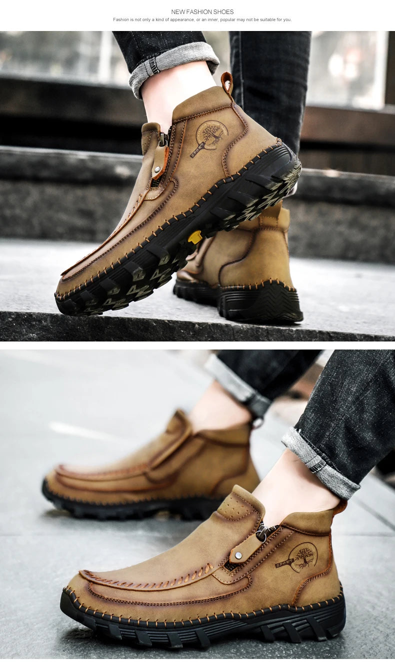 Men Boots Autumn Winter New Handmade High-top Casual Shoes Outdoor Non-slip Hiking Men Shoes Zipper Ankle Boots Plus Size 38-48