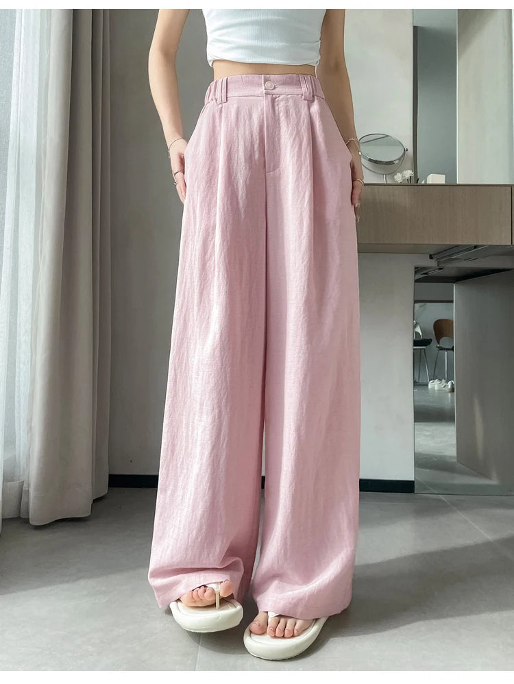 2025 Summer New Cotton and Linen Women's Wide Leg Pants Solid Ice Silk High Waist Straight Casual Loose Suit Trousers Female