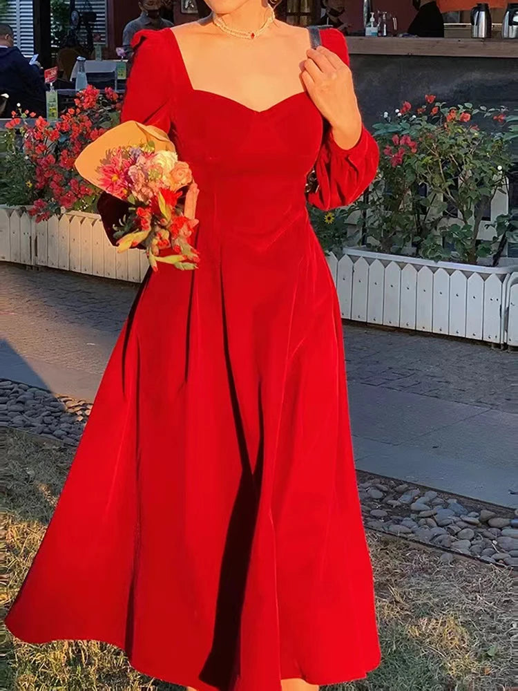 Elegant Velvet Midi Dress Women Vintage Korean Slim V Neck A Line Fairy Dress Female Autumn Long Sleeve All-Match Party Vestidos