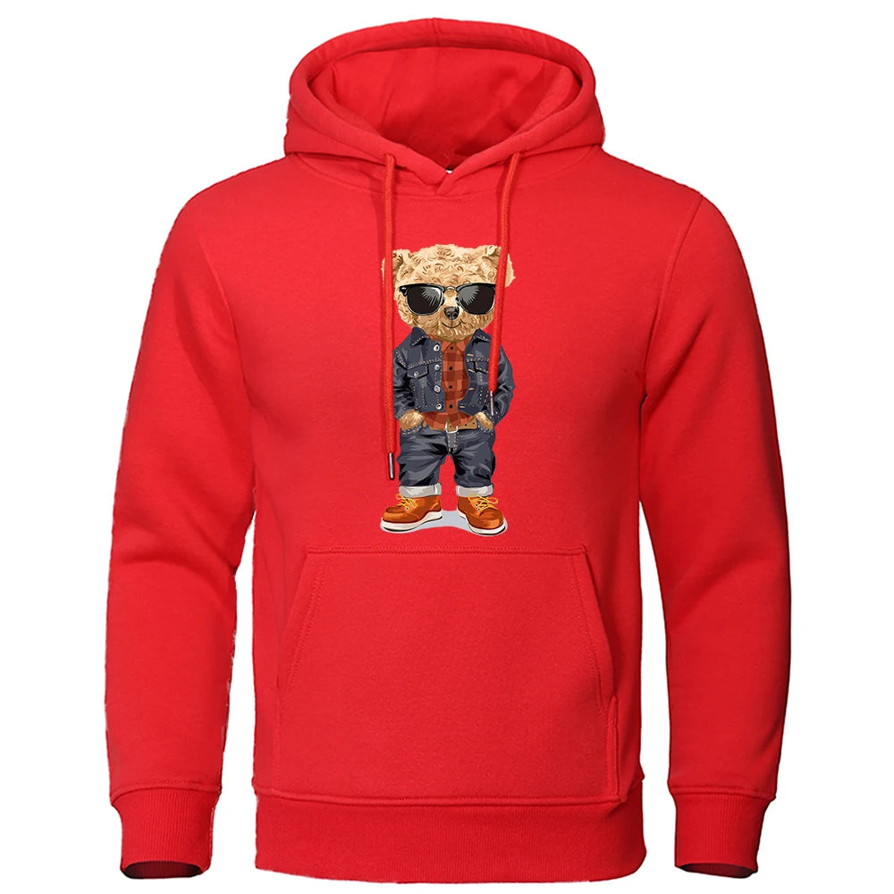 Funny Pose Teddy Bear Prints Men Hoodie Loose Pocket Hoody Autumn Oversize Sweatshirt Fashion Casual Fleece Pullover Unisex