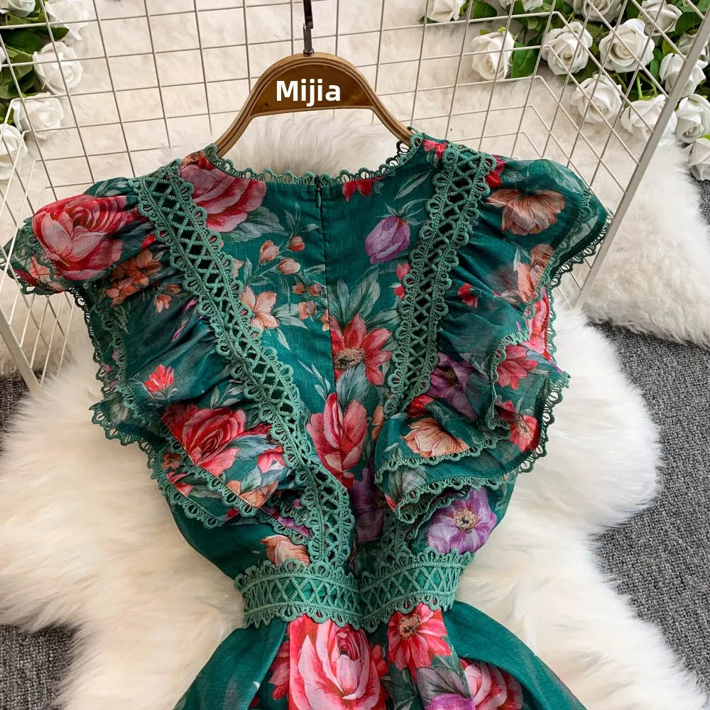 Ele Lace Splice Waist Cinching Long Dr Korean Sle Print Blouse Svel Midi Skirt High Waist A-Line Silhouette