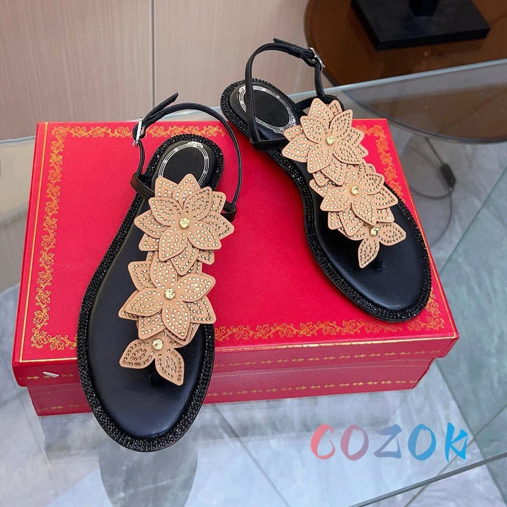 Elegant White Crystal Flower Pinch Toe Summer Flat Sandals Leather Ankle Buckle Strap Dress Shoes Women's Vacation Shoes