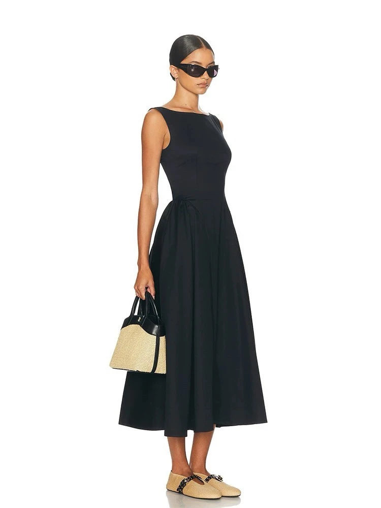 2025 New Hepburn Style Organic Cotton Temperament Backless Long Black Dress for Women