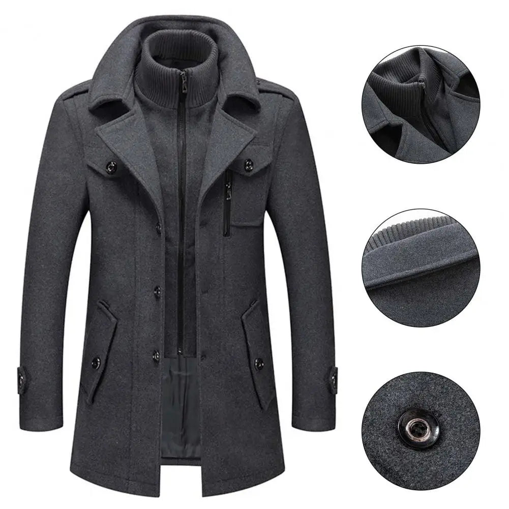 Stylish  Coat Temperament Zipper Buttons Coat Solid Color Autumn Winter Men Jacket for Business