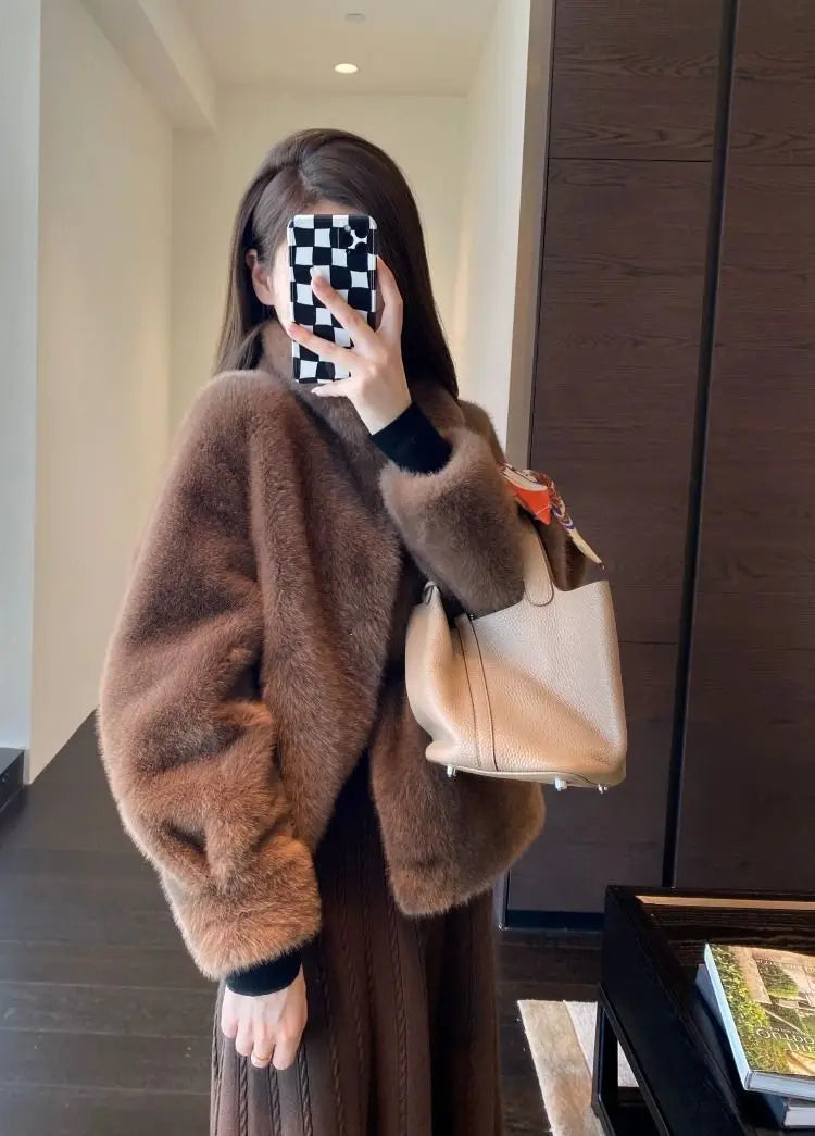Spring Autumn Lady Short Leather Fur Outwear 2024 Women Fashion Stand Collar Mink Fur Top Female Long Sleeves Fox Jacket