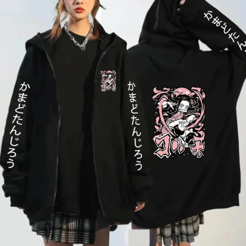 Women's Fashion Zipper Sweater Japanese Anime Hoodie Demon Slayer Pattern Printed Sweatshirt Autumn/Winter Warm Long Sleeve Coat