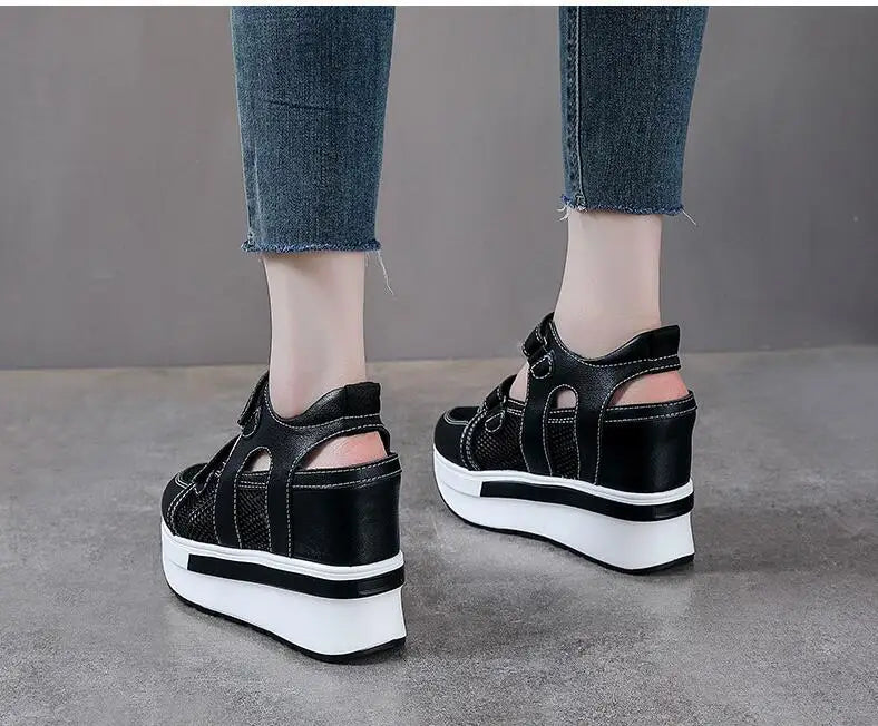 10cm Air Mesh Genuine Leather Platform 2025 Wedge Flats Sneakers Hook Summer Women Comfy Fashion Chunky Sneaker Sandals Shoes