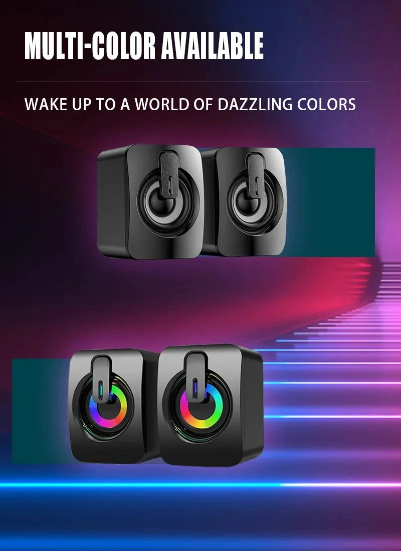 USB Powered Speaker Portable MiniSubwoofer With RGB Lights Volume Control 3.5mm AUX-in HiFi Stereo Sound Desk Audio System