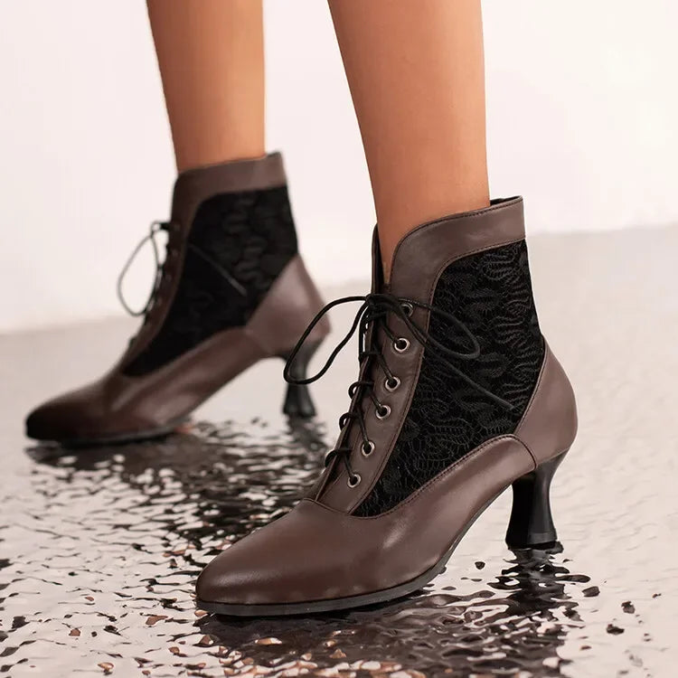 Women Victorian Ankle Boots Leather Lace Heel Shoes for women  Fashion Lace Up Spliced Ladies High Heels Woman Boots Ankle 46