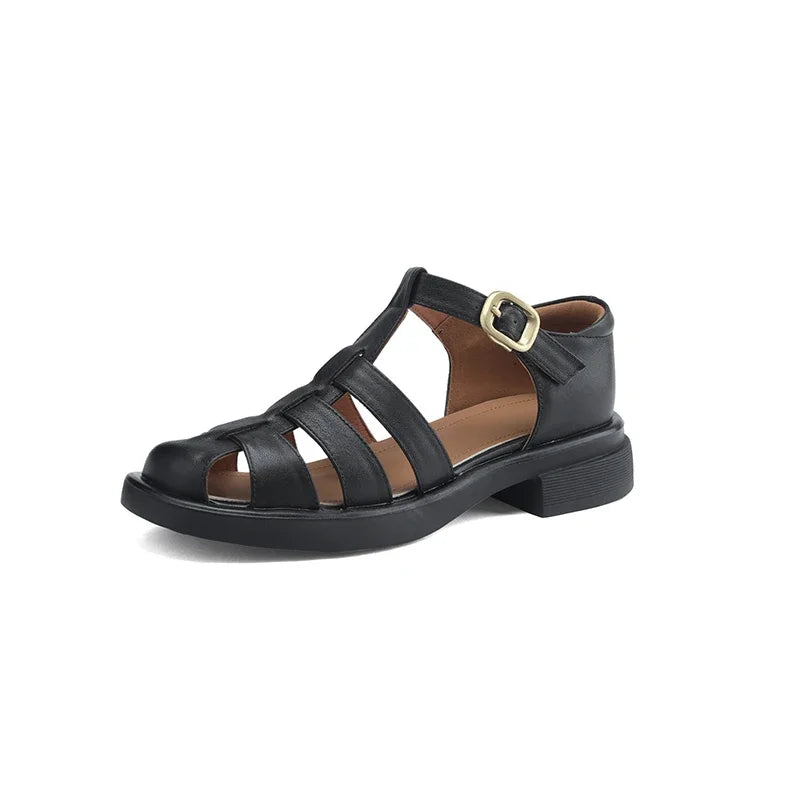 New Summer Sandals Genuine Leather Luxury Roman Sandals Casual Buckle Strap Summer Shoes GLADIATOR Thick Heel Women Shoes