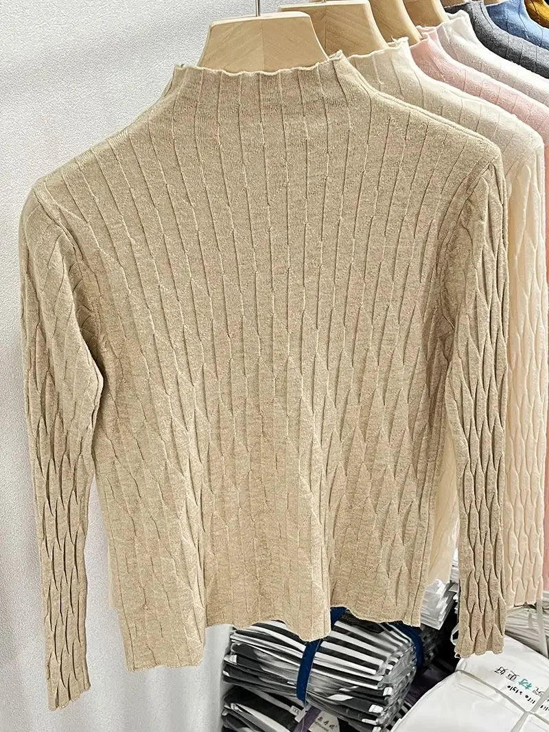 2025 Slim Fit Knitted Base Pullovers Autumn Winter Turtleneck Sweater Women's Solid Long Sleeve Casual Ruched Sweater