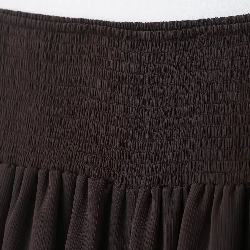 New High Street Women Brown Ruffled Pleated Midi Skirt High Elastic Waist Female Chic Lady Long Skirts