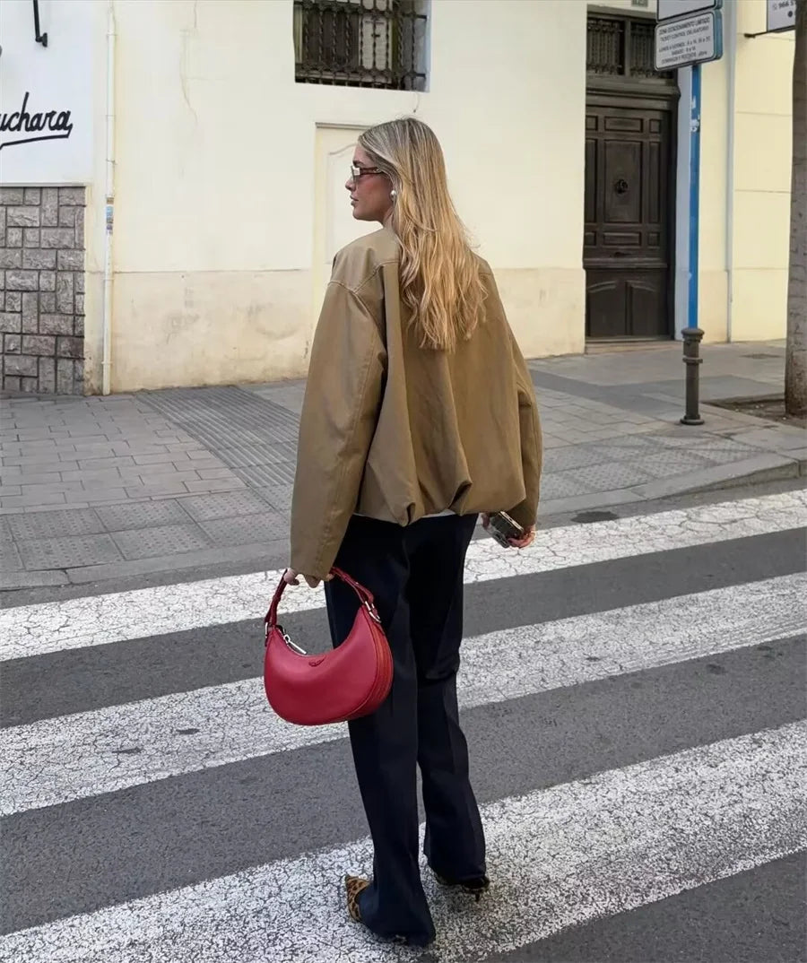 2025 Autumn Fashion Pocket Windbreaker Jackets Women Loose Crewneck Chic Outerwear Coat Female Short Jacket Mujer Clothes