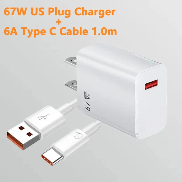 67W USB GaN Charger Fast Charge Mobile Phone Adapter Type C Cable For iPhone Samsung Xiaomi EU/US/UK Plug Portable Wall Charger
