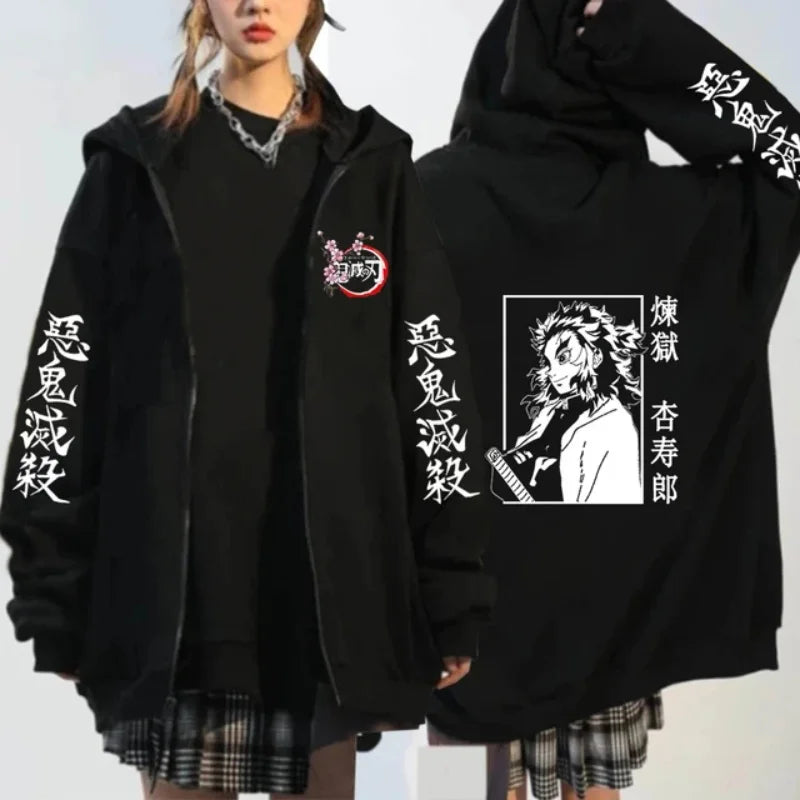 Women's Fashion Zipper Sweater Japanese Anime Hoodie Demon Slayer Pattern Printed Sweatshirt Autumn/Winter Warm Long Sleeve Coat
