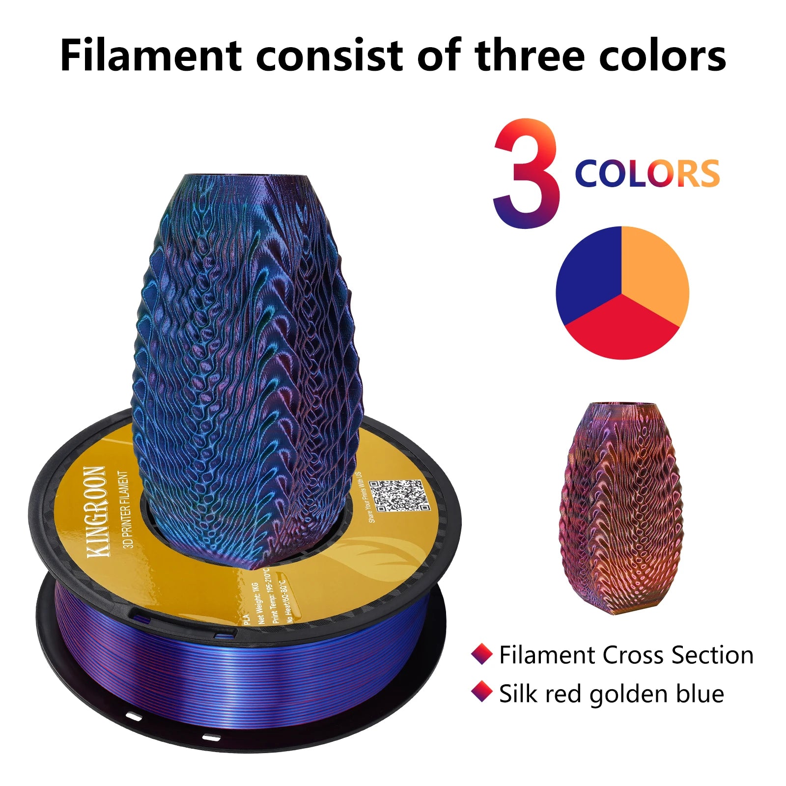 KINGROON Silk Tricolor PLA Filament 3D Printer 1.75mm 2.2 /8.8 lbs Silk PLA Filament Plastic Materials 3D Printing Special Color