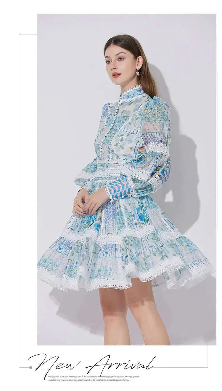 Elegant Long Sleeve Floral Short Dresses Shirt For Women Summer Autumn Holiday Hollow Out Printed Party Dress