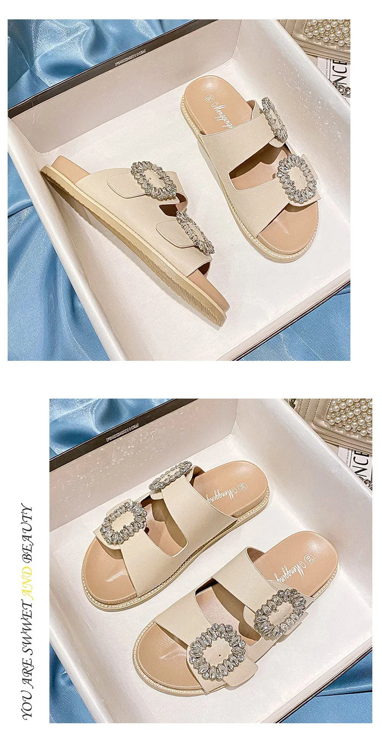 2025 Brand Rhinestone Buckle Sandals Women Double Band Slippers Crystal Shoes Ladies Casual Slides Slip On Flat Heels Flip Flops